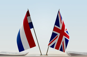 Two flags of Netherlands and United Kingdom