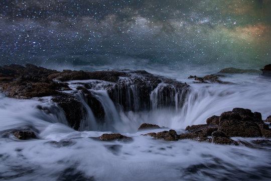 Thor's Well Oregon Night Seascape. Stars over a Natural Drain Hole in the ocean on the Oregon Coast near Yachats.
