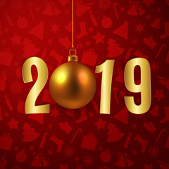 Happy New Year 2019 card with gold paper letters and Christmas bauble, vector illustration