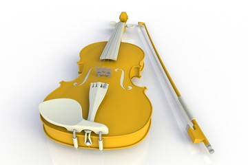 Close up of classical yellow violin with bow isolated on white background, String instrument, 3d rendering