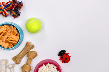 Dog accessories, food and toy on white background. Flat lay. Top view.