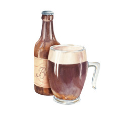 Hand drawn watercolor glass of dark beer with bottle, realistic illustration isolated on white background. Drink composition drawing.