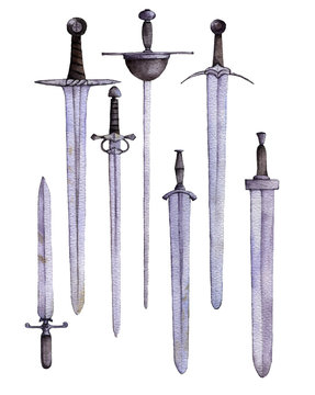 watercolor swords at white background