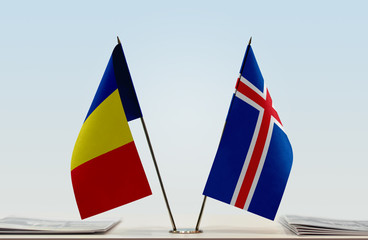 Two flags of Romania and Iceland