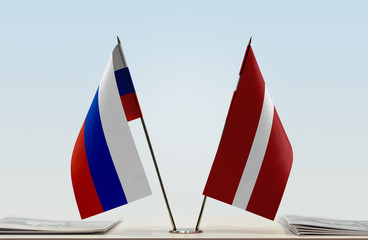 Two flags of Russia and Latvia