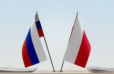 Two flags of Russia and Poland