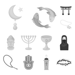 Religion and belief monochrome icons in set collection for design. Accessories, prayer vector symbol stock web illustration.