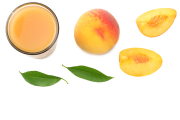 glass of peach juice with peach fruit, green leaf and slices isolated on white background. top view