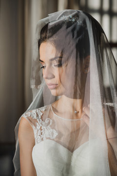 Bridal portrait under veil indoor