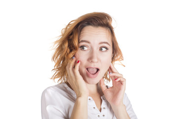 Portrait of a young beautiful woman. she has an idea and she is inspired. Isolated over white