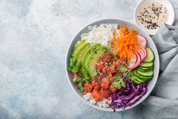  salmon poke bowl (avocado, salmon, carrot, cucumber, red cabbage, radish and rice)