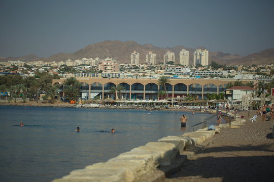 coastline city beach in Eilat Israel against the backdrop of local luxury hotels