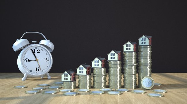 A white alarmer with Euro growth chart and homes on the wooden table. 3d illustration.