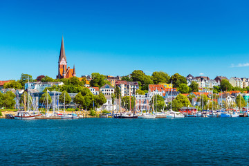 Flensburg cityscape at summer day. Skyline of the old european town. Panoramic view of the small german city