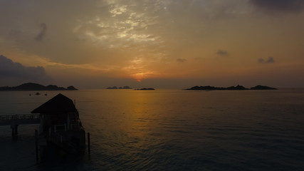 Aerial drone view of the sunrise in Redang Island, Terengganu, Malaysia.