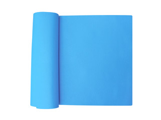 Top view blue yoga mat isolated on white background