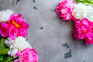 Beautiful fuchsia and white peony flower bouquet on the grey concrete background. Closeup, flatlay style.