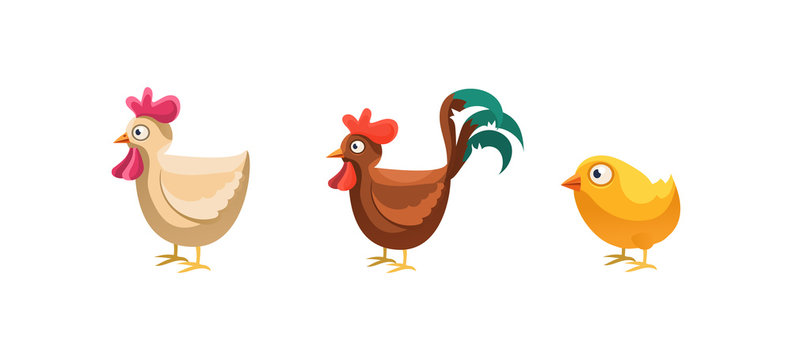 Rooster, Hen And Chicken, Funny Cartoon Farm Animals, Game User Interface, Element For Mobile Or Computer Games Vector Illustration