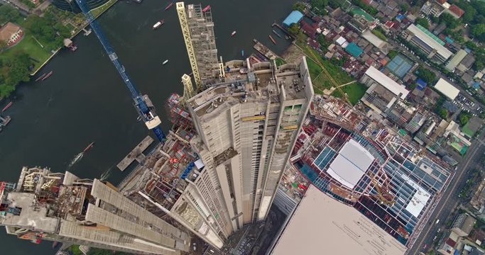 Thailand Bangkok Aerial V36 Vertical To Birdseye Detail View Of Riverfront Building Construction 3/18