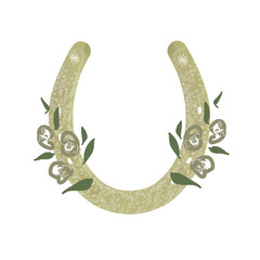 Horseshoe and floral pattern digital clip art. Vintage color engraving illustration for info graphic, poster, web. Isolated on white background.