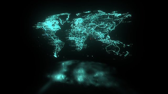 3d animation  World map glitch effect style with reflection and distortion. Computer graphic animation