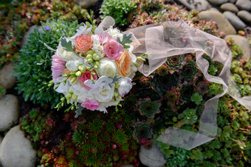 Fabulous glamorous gorgeous beautiful bouquet of white, orange and purple flowers