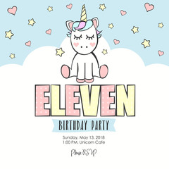 Birthday party invitation with unicorn. Eleven.