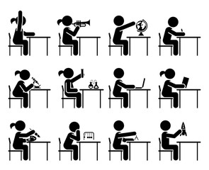 Collection of icons presenting education and different school subjects, science, art, history, geography, chemistry, maths, music, chemistry. Students in school attending classes. Pictogram icon set.