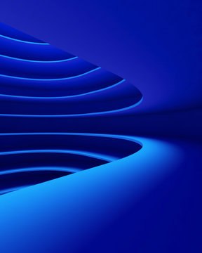 Structure of futuristic empty curve room. Interior design on blue background. Sci-fi digital technology concept. 3d abstract pattern illustration