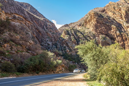 The Meiringspoort Pass in the Swartberg mountain range in the Klein Karoo region of South Africa image in landscape format with copy space