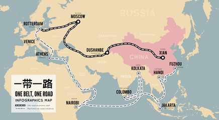 One belt one road. New Chinese trade silk road. Vector map infographics - obrazy, fototapety, plakaty