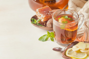 Glass cup of hot tea