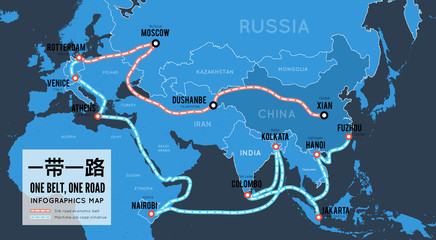 One belt one road. New Chinese trade silk road. map infographics - obrazy, fototapety, plakaty
