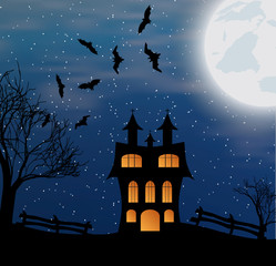 Vector Illustration of a landscape with halloween castle and a full moon