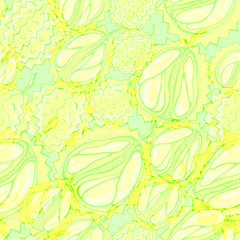 Durian fruits seamless pattern. Green yellow tropical fruits, cut in half and whole fruit posted diagonally