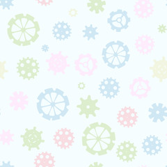 Scattered sprocket-wheels, gear silhouettes seamless pattern, pastel colors. Children's design. Seamless pattern silhouette cut gears mechanical machine parts clock gearwheel. 