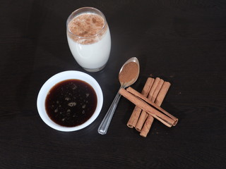 Cinnamon Milk and Honey on Wooden Background, Cinnamon Powder and Honey on Wooden Background, Honey, Milk, Dalchini Powder,Dalchini Milk and Honey