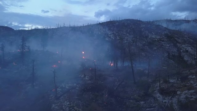 Wildfire smoking like hell. Rare drone view onto forest fire aftermath landscape