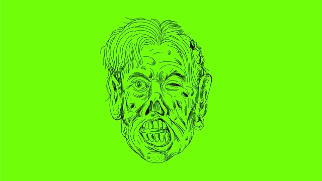 2d Animation motion graphics showing a zombie head, a fictional undead with eyes rolling and mouth chewing viewed from front on white screen, green screen with alpha matte in  HD high definition.