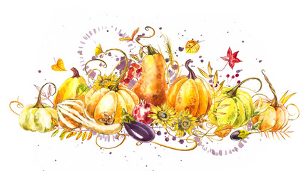Obraz na płótnie Canvas Pumpkins composition. Hand drawn watercolor painting on white background. Watercolor illustration with a splash. Happy Thanksgiving Pumpkin.