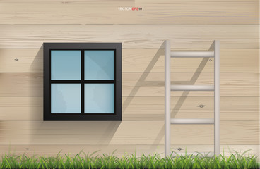 Outdoor background of window and ladder and wooden wall background. Vector.