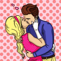 Photo sur Plexiglas Pop Art Sentiment d& 39 amour. Le gars avec la fille embrasse passionnément. Raster de pop art. Style comique