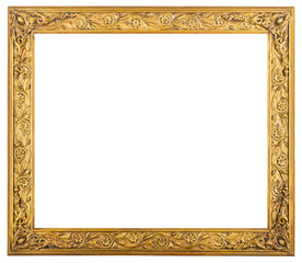Ornate golden wooden picture frame isolated on a white background. 