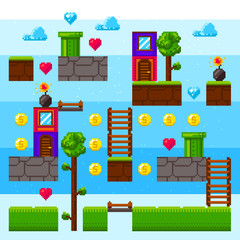 Pixel video game interface. Arcade vintage game. Pixel element foe retro game design. Day level. Pixel game blocks.
