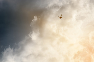 The plane flies in the clouds