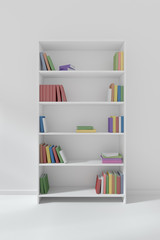 White bookcase with many different books