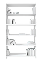 White bookcase with many books isolated