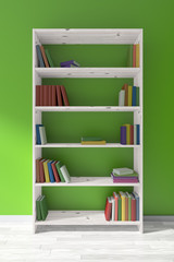 White wooden bookcase with many books, green wall.