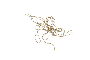 Messy tangled linen string on white background. Natural twine thread. Empty blank copy space for text.