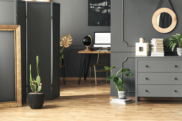 Gold frame next to cactus in grey workspace interior with round mirror above cabinet. Real photo